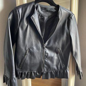 Zara black ruffle trim faux leather jacket women